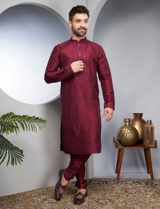 Raw silk maroon kurta suit with embroidery