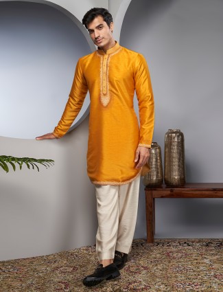 Raw silk mustard yellow kurta suit