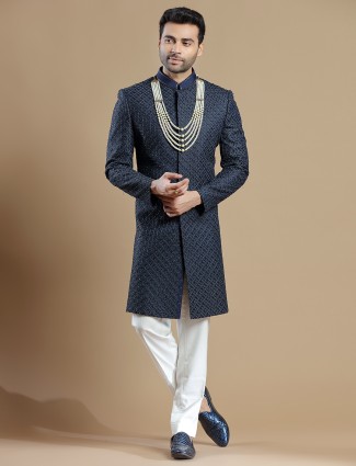 Raw silk navy color groom and wedding sherwani