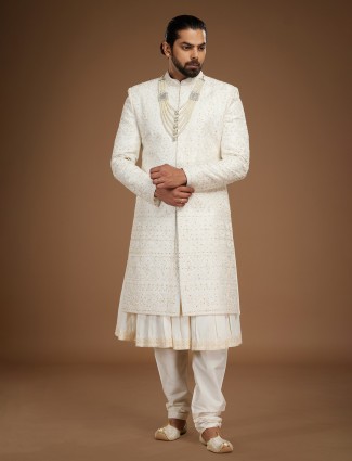 Raw silk off white sherwani for groom