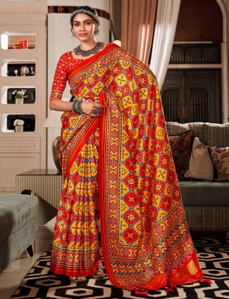 Red and yellow patola printed saree