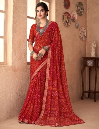 Red bandhani printed saree