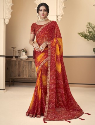 Red bandhej printed chiffon saree