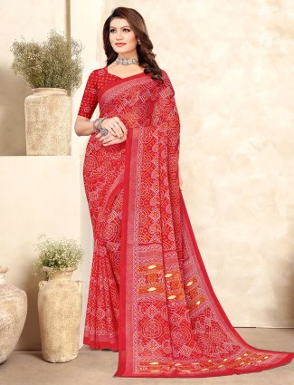 Red chiffon bandhani printed saree