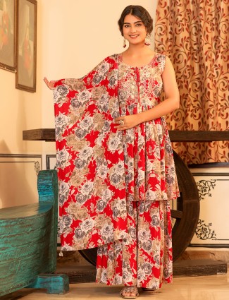 Red cotton floral printed sharara suit