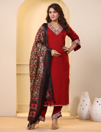 Red cotton kurti set with printed dupatta
