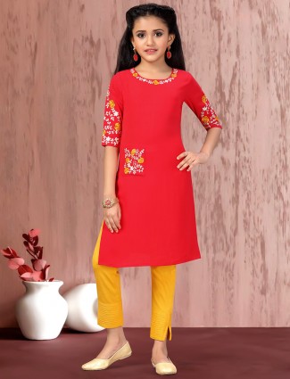 Red cotton round neck pant suit