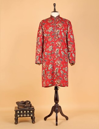 Red floral printed cotton kurta suit