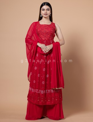 Red georgette nayra cut palazzo suit