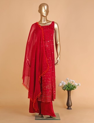 Red georgette palazzo suit with dupatta