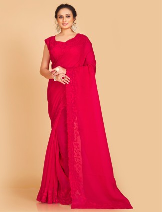 Red georgette saree with embroidery