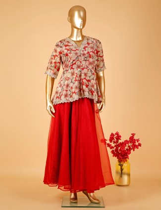 Red organza printed palazzo suit