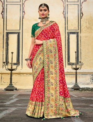 Red printed wedding wear saree in dola silk