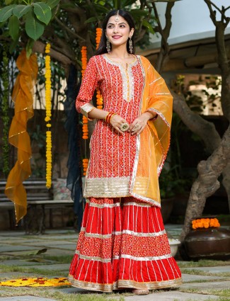 Red punjabi style cotton festive events sharara suit