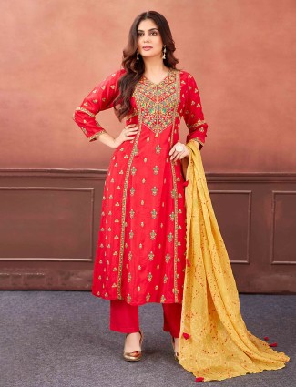Red salwar suit with contrast dupatta