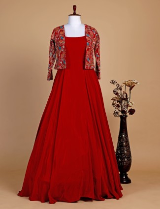 Red satin plain floor length suit with jacket