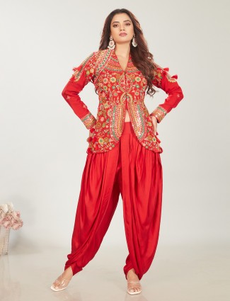 Red silk embroidery dhoti set