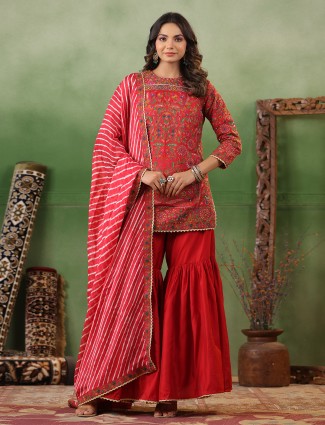 Red silk sharara suit with leheriya dupatta