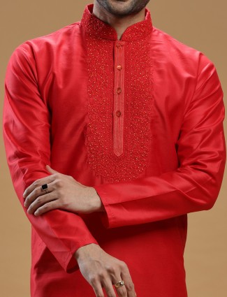 Red stunning men silk kurta suit