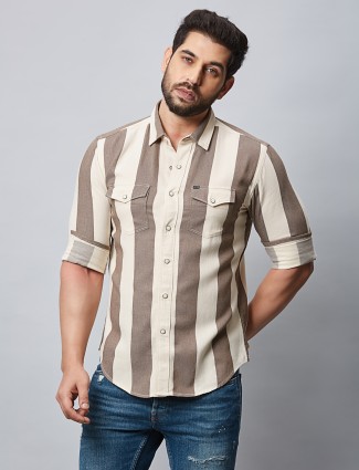 River Blue cream and brown stripe shirt