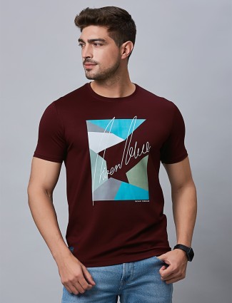 RIVER BLUE maroon printed cotton slim fit t-shirt