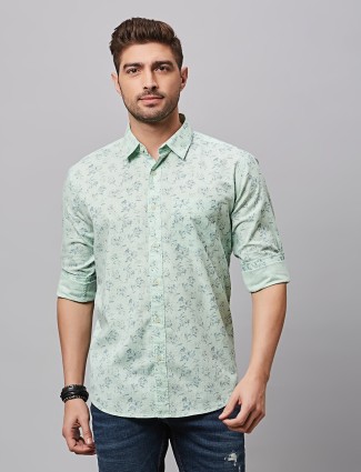 River Blue pista green cotton printed shirt