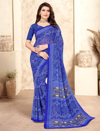 Royal blue chiffon printed saree