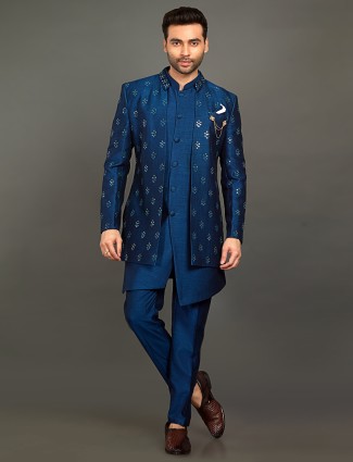 Royal blue hued cotton silk indowestern for men