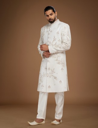 Royal silk white groom sherwani