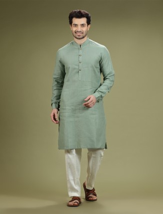Sage green linen kurta suit