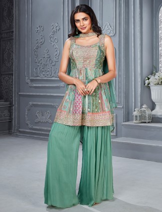 Sage green printed palazzo suit with dupatta