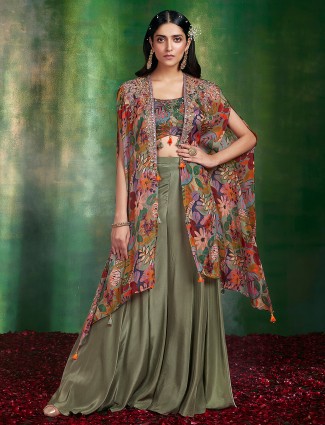 Sage green printed silk palazzo suit with shrug