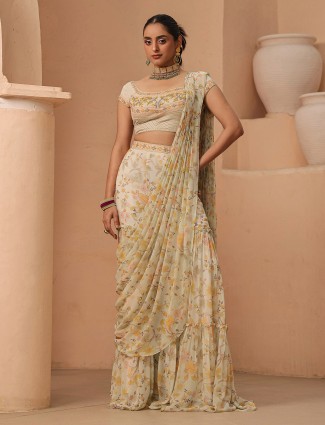 Sage green sharara suit with attached drape