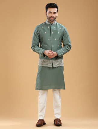 Latest green waistcoat set in silk