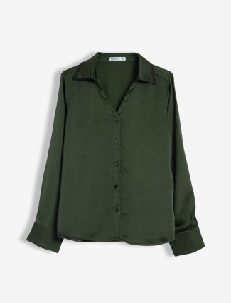 Sheczzar dark green plain satin shirt