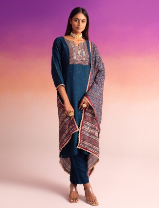 Silk blue kurti set with printed dupatta