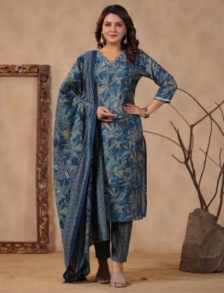 Silk blue printed kurti set with dupatta