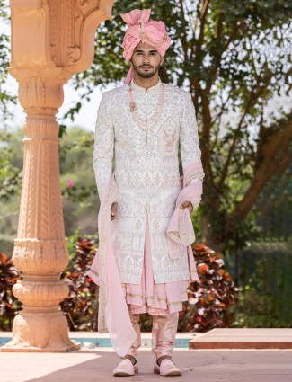 Silk cream and pink sherwani for groom
