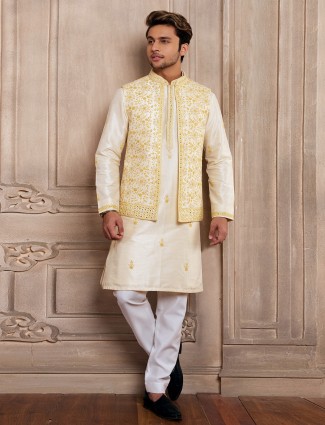 Silk cream hue waistcoat set for wedding