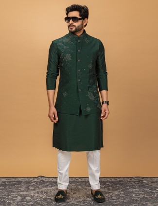 Silk dark green waistcoat set for men