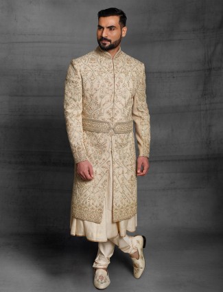 Silk fabric beige wedding sherwani for mens