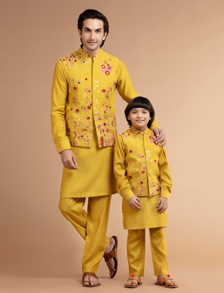 Silk father and son waistcoat set in mustard yellow