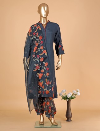 Silk floral printed navy salwar suit