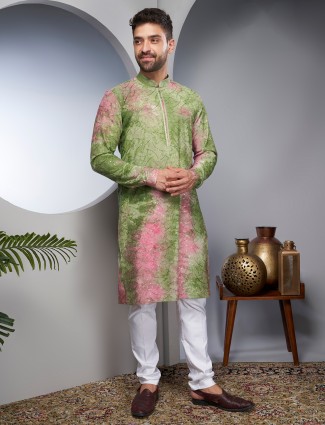 Silk green and pink printed kurta suit