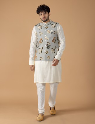 Silk grey and white printed waistcoat set