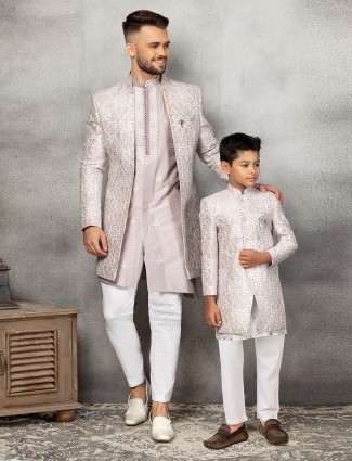 Silk light pink indowestern for father and son