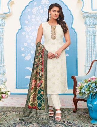 Silk off-white salwar suit with printed dupatta