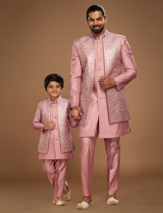 Silk pink indowestern for father and son