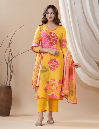 Silk printed kurti set in yellow