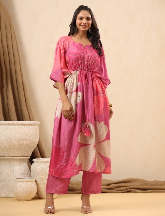 Silk printed pink casual kurti set